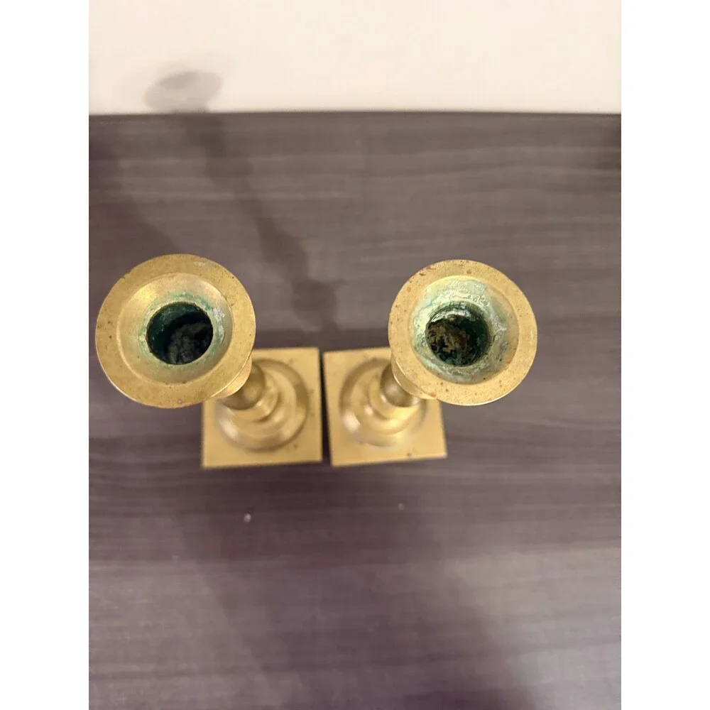 Brass Tone Taper Candle Holders Pair 7.5 Inch Square Footed Base Candlesticks